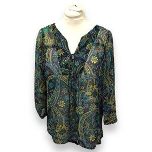 Just Pearls Women’s 3/4 Sleeve Cutout V Neck Boho Tunic, Black Floral, size L